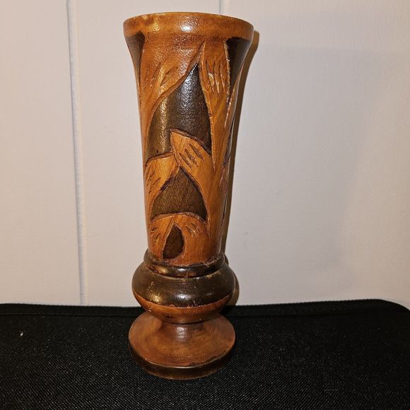 Vintage Hand Carved Wooden Vase Bohemian Mid-century Modern 8" Two-tone - Picture 9 of 16